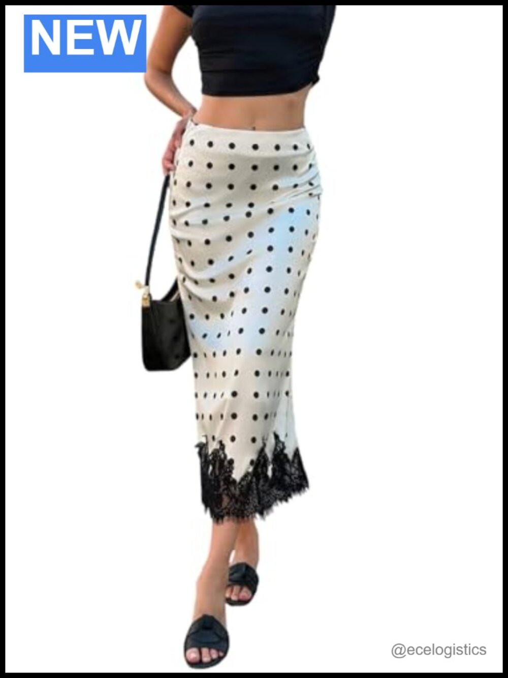 Satin Polka Dot Midi Skirt Lace Hem A-Line Work to Evening